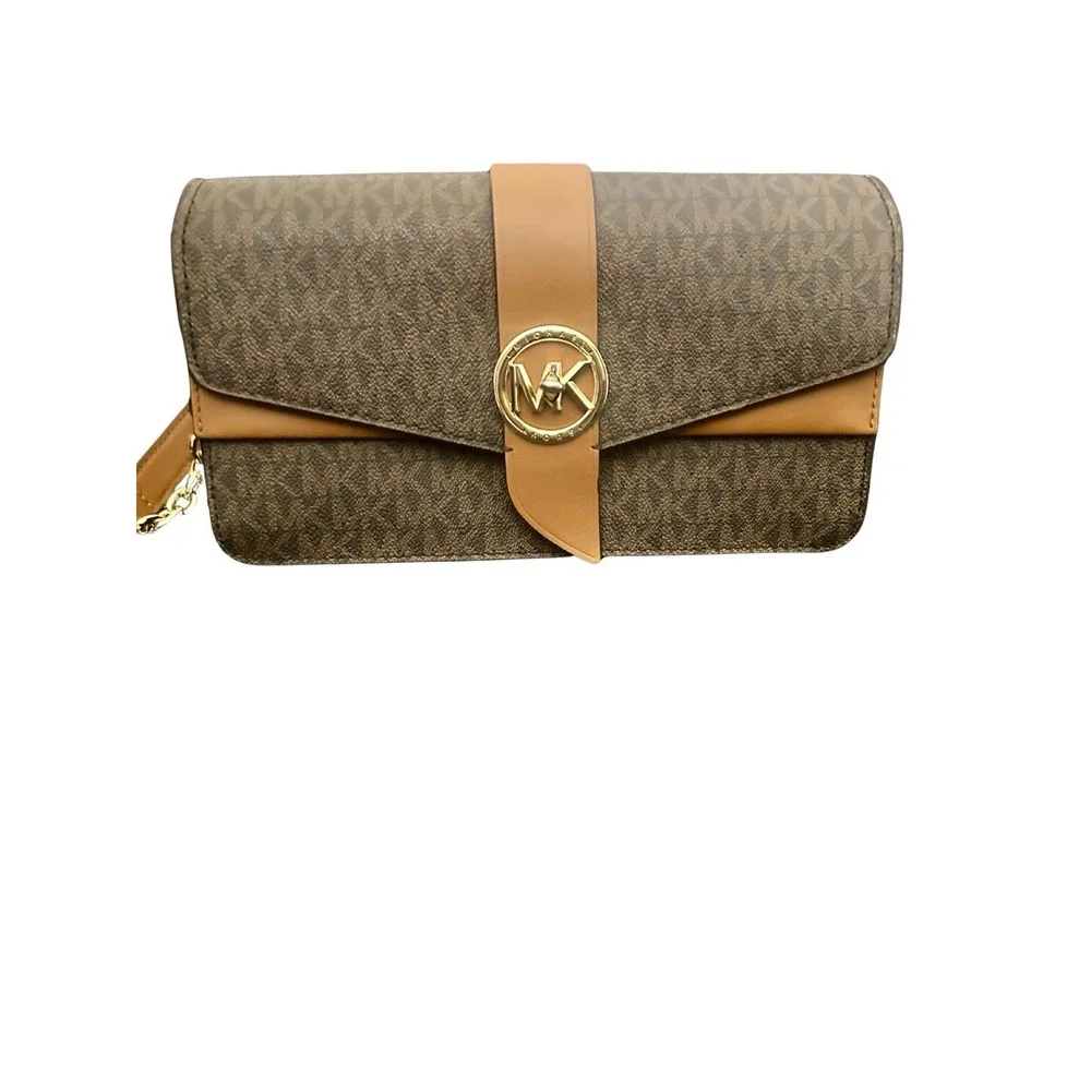 Michael Kors Greenwich Medium Shoulder Bag Brown MK Signature Gold‎ Chain